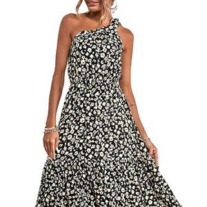 PRETTYGARDEN Women's Summer Floral Dress One Shoulder Sleeveless Knot Ruffled He